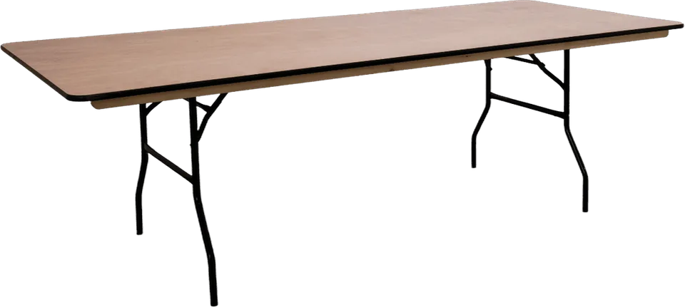 Eckiger Banketttisch in Seitenansicht — robuste Sperrholzplatte mit klappbarem Metallgestell für lange Tafeln
