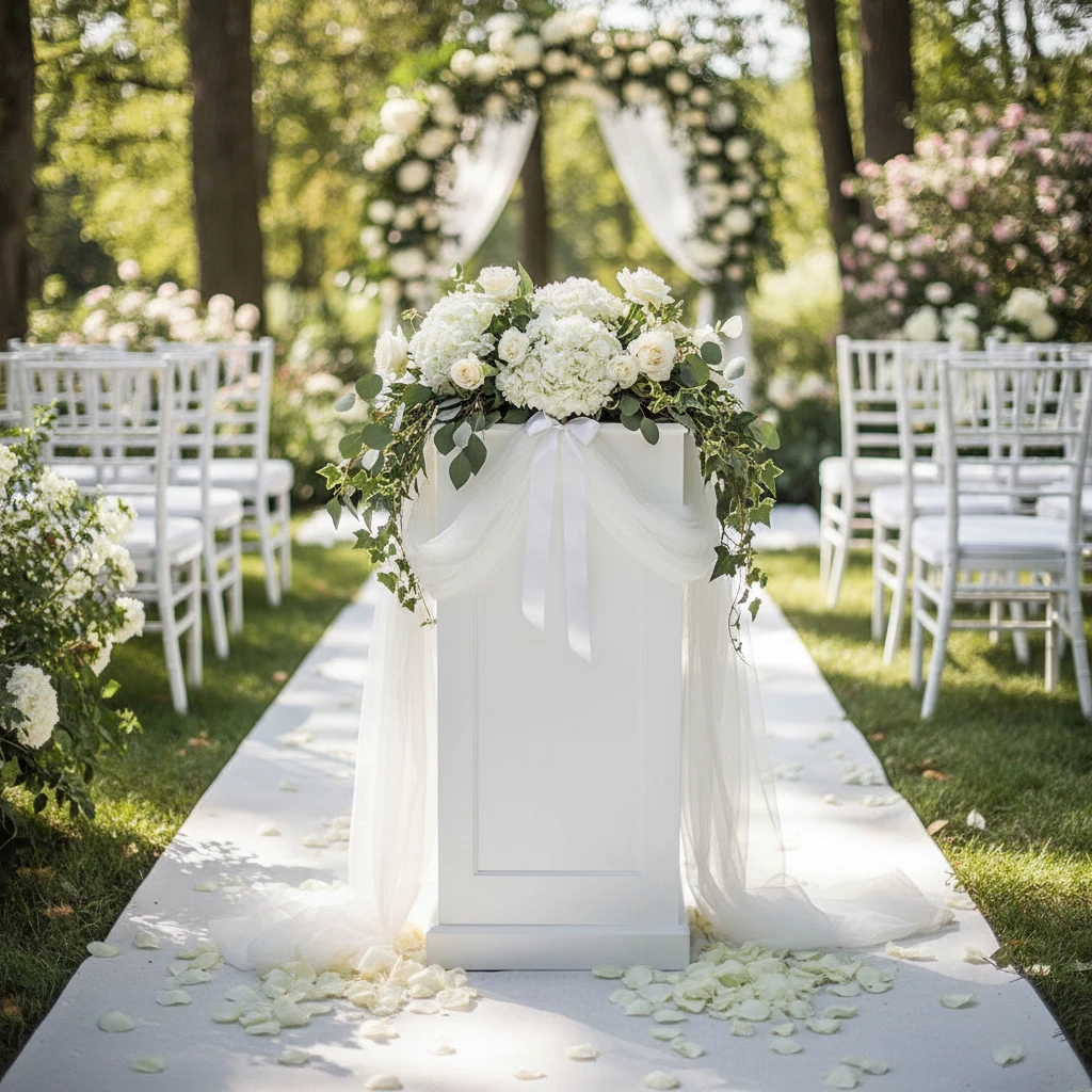 Bar-Säule „Pure" als Blumensäule auf einer Outdoor-Hochzeit — opulentes Arrangement aus weißen Hortensien und Rosen, Tüllschleife, Rosenblätter auf dem weißen Läufer