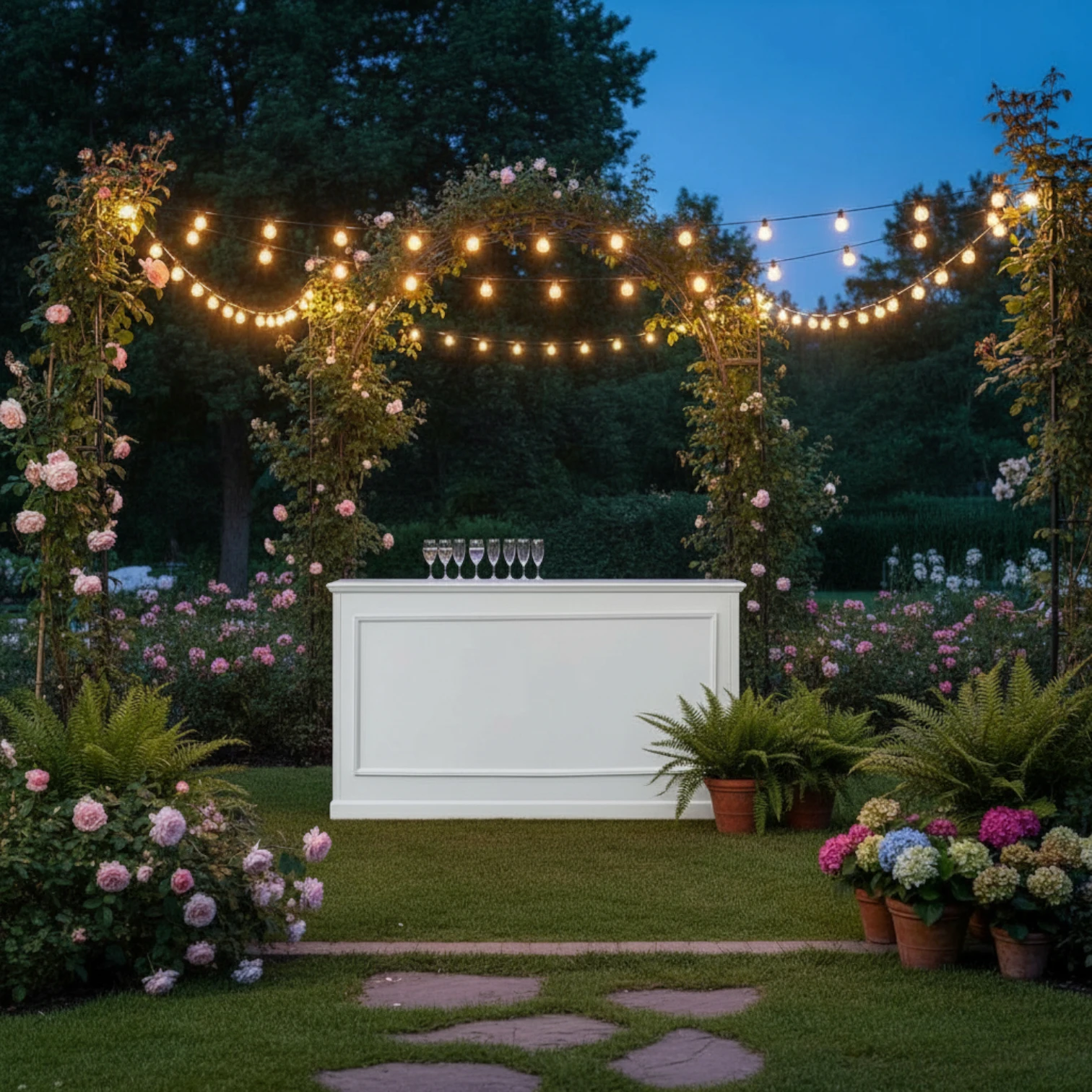 Bartheke „Pure" als Drink-Station bei einer abendlichen Gartenhochzeit — aufgereihte Champagnergläser, Lichterketten und Rosenbögen im Hintergrund