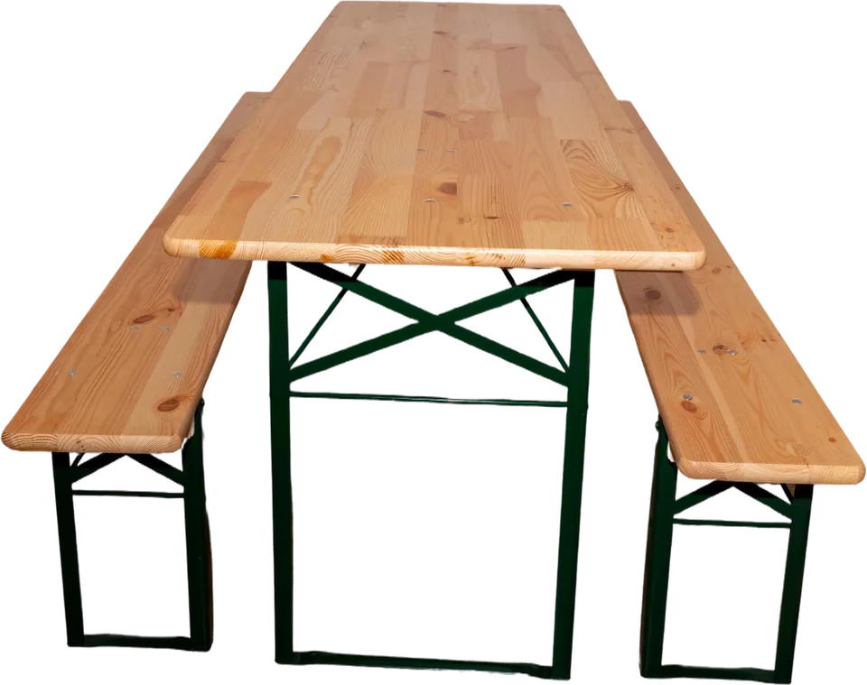 Bierzeltgarnitur 3-teilig — Tisch und zwei Bänke aus Kiefernholz mit grün lackiertem Klappgestell aus Stahl