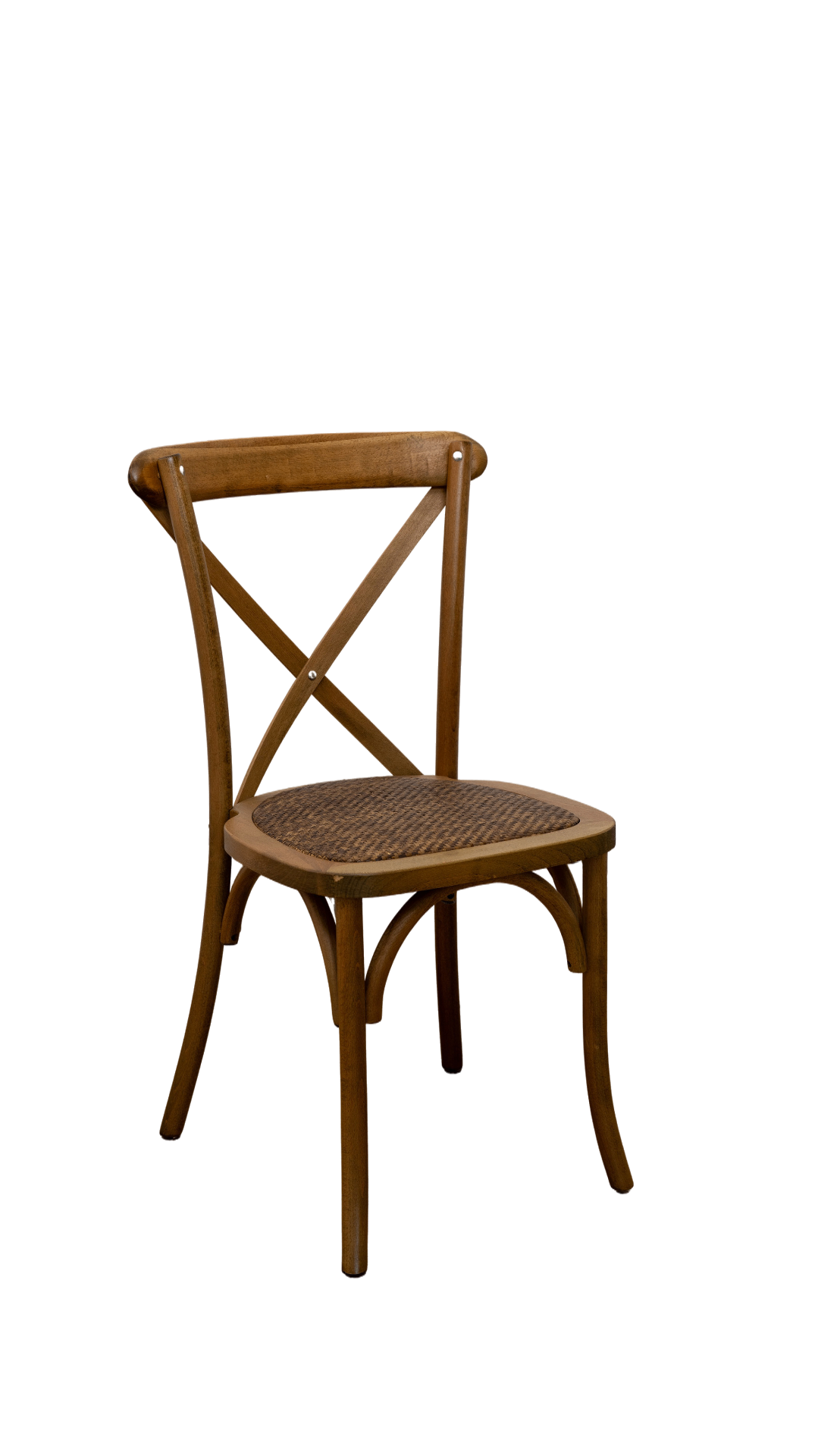 Cross Back Chair, Frontalansicht — massives Holz im warmen Naturton mit X-förmiger Rückenlehne und Wiener Geflecht-Sitz