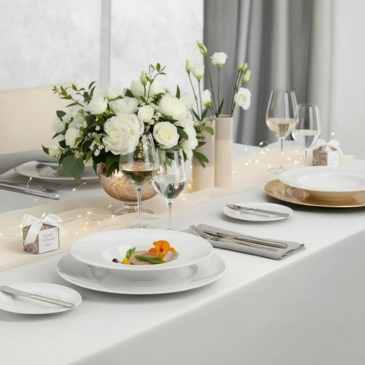Festlich gedeckter Tisch mit weißem Porzellan, Weingläsern und einem Strauß weißer Rosen in einer Roségold-Schale