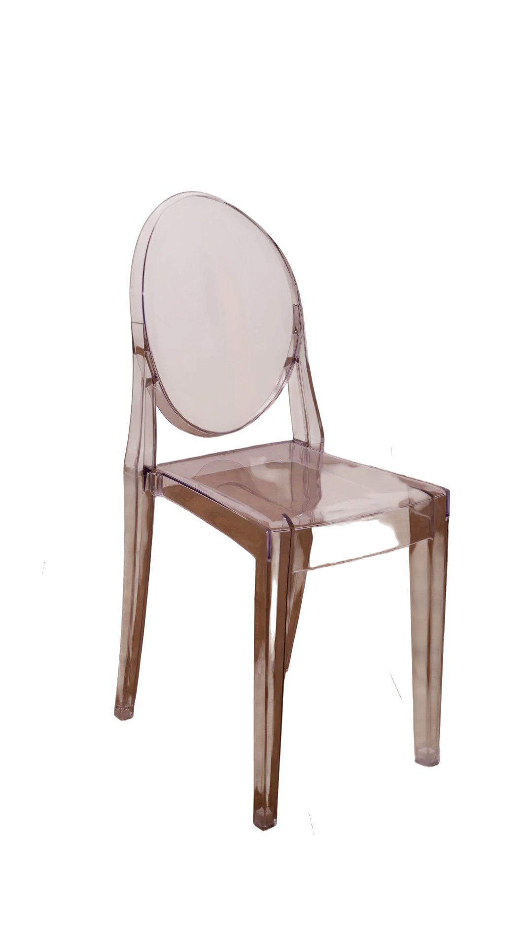 Ghost Chair Transparent in Seitenansicht — geschwungene Silhouette mit ovalem Rückenmedaillon