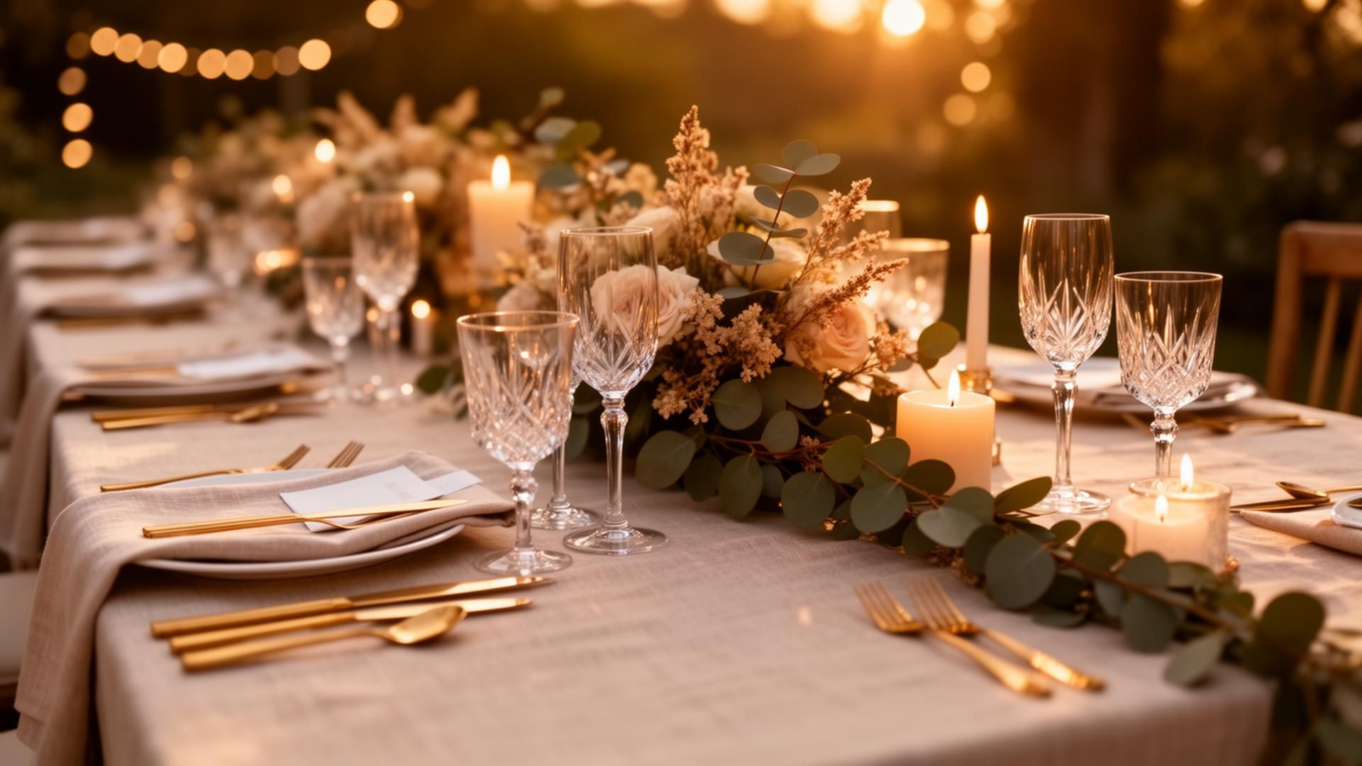 Festlich gedeckte Tafel im warmen Abendlicht mit Kerzen und Wildblumen