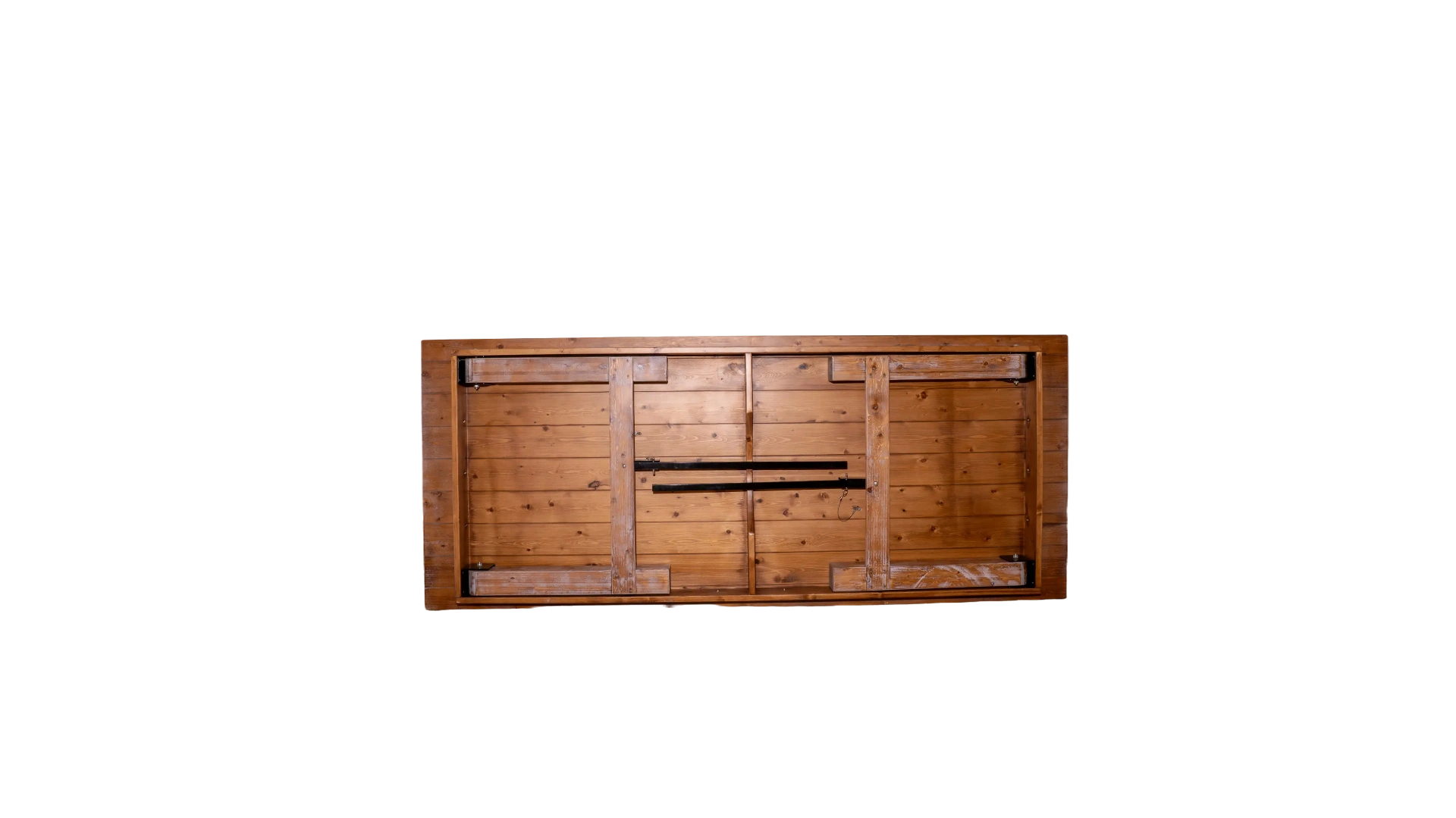 Kiefernholz-Klapptisch Vintage von unten — zusammenklappbares Gestell mit Beschlägen