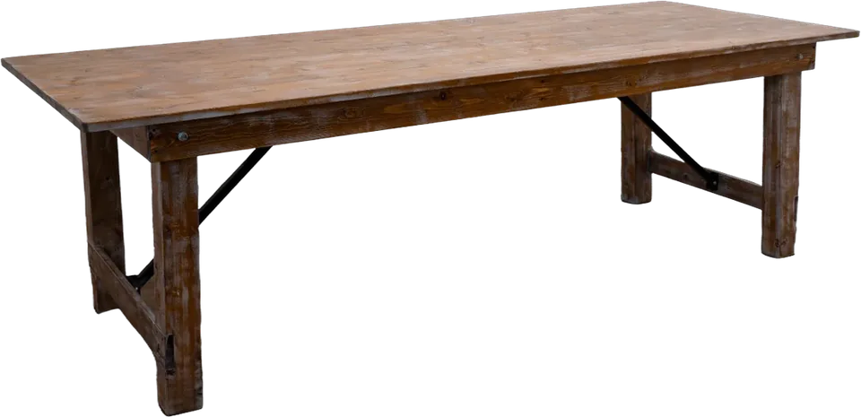 Holz-Klapptisch Vintage in Frontalansicht — massive Bohlen mit warmer Maserung und gelebter Patina