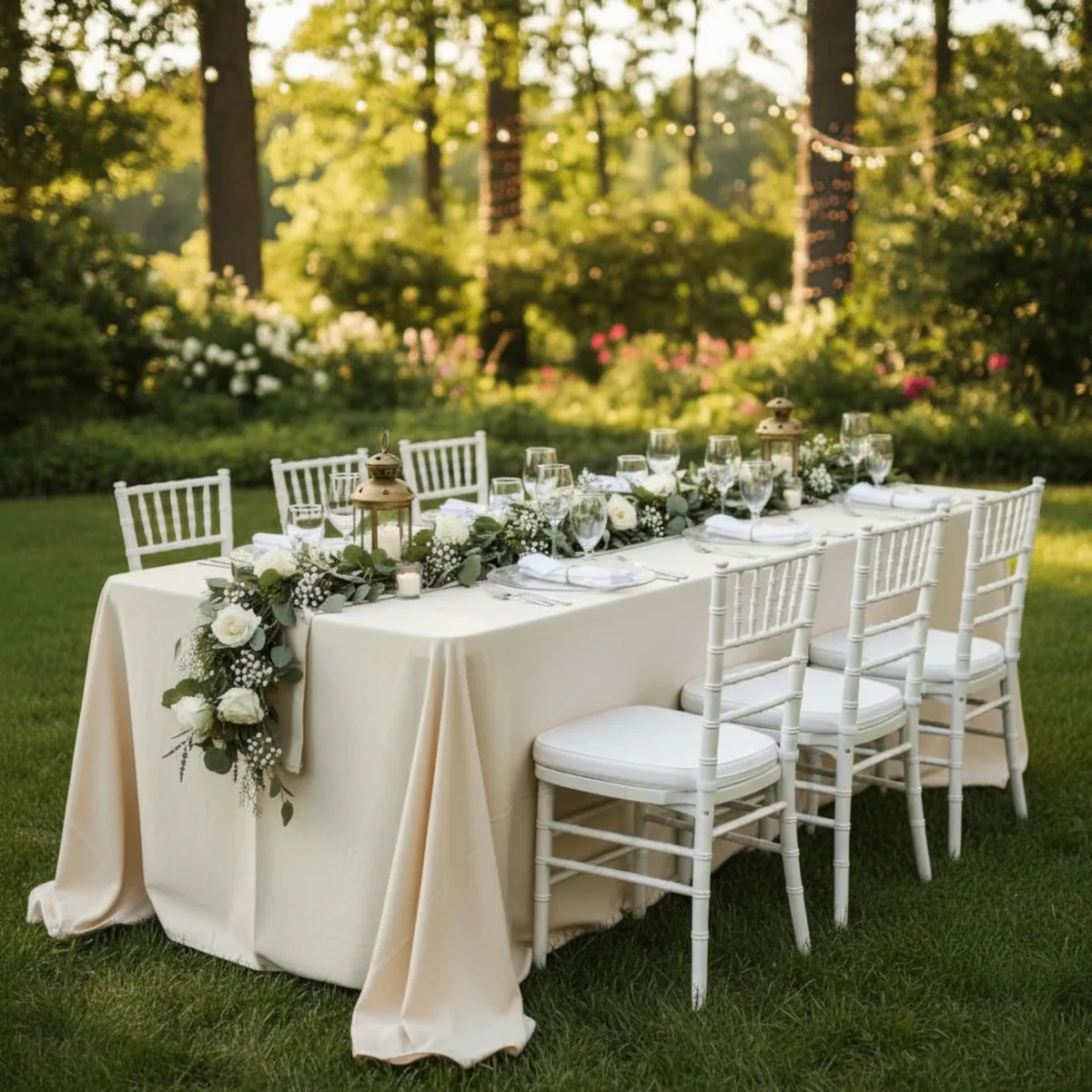 Lange Festtafel im Garten mit cremefarbener Tischdecke, Eukalyptus-Girlande, weißen Rosen und Tiffany-Stühlen im Abendlicht