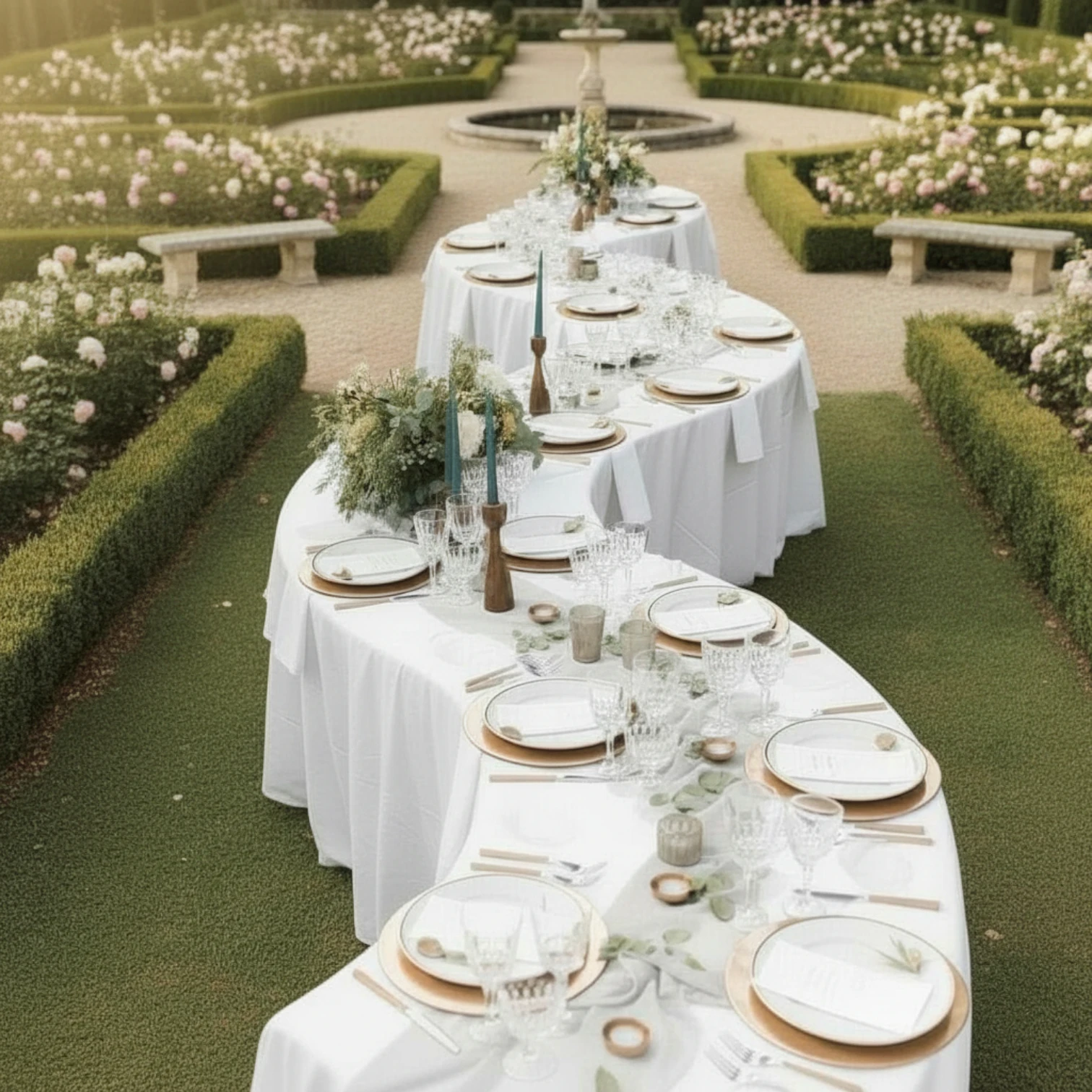Wellentisch Curve eingedeckt in einem Rosengarten — weiße Tischwäsche, Goldgeschirr und Kerzen entlang der geschwungenen Tafel