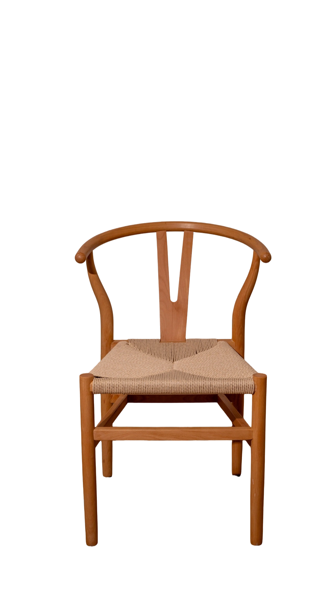 Wishbone Style Chair in Naturholz, Frontalansicht — handgeflochtene Sitzfläche aus Papierkordel